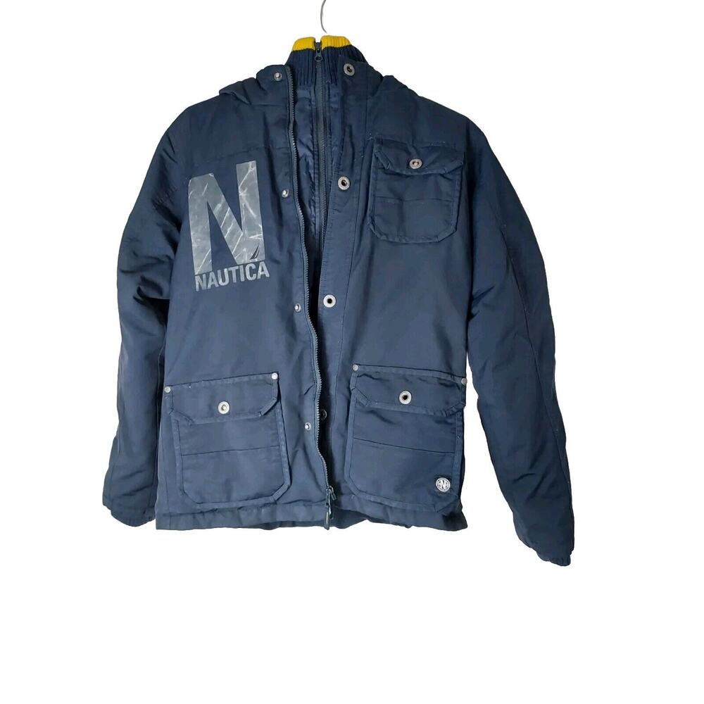 Vtg Nautica Jacket Coat Mens XXL Jacket With Hood Blue Down Winter 2XL Pre-Owned